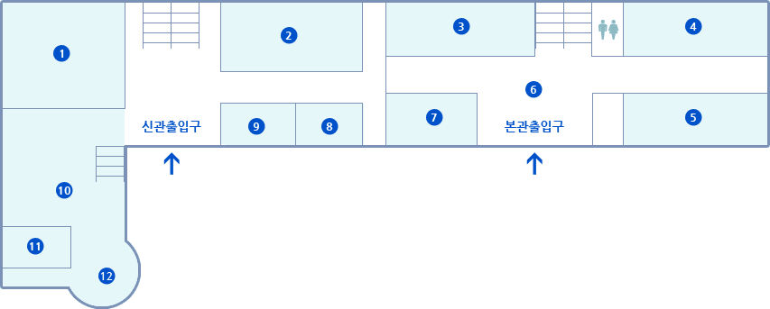 김제시청 1층(왼쪽 신관, 오른쪽 본관) 배치도이며 왼쪽 상단부터 시계방향 순서로 자세한 내용이 표시됩니다.