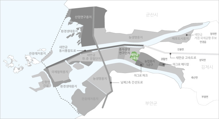 새만금 내부개발지도 새만금수목원 국가사업 위치