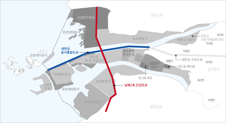 새만금 내부개발지도 새만금 내부 간선도로 위치